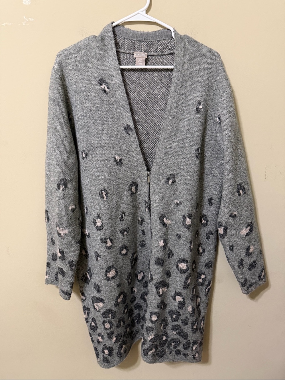 Chico's Gray Leopard-Print zip Cardigan tunic length or dress large petite euc